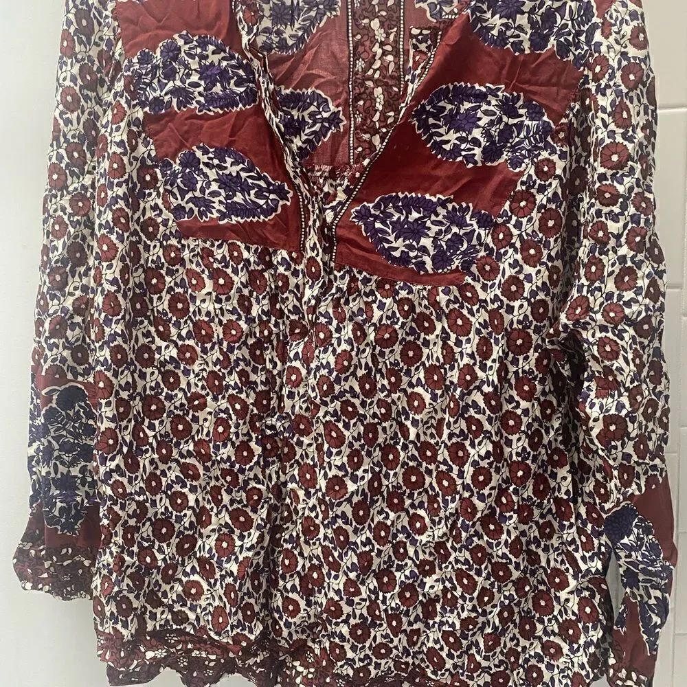 Lucky Brand block print hippie boho top XL